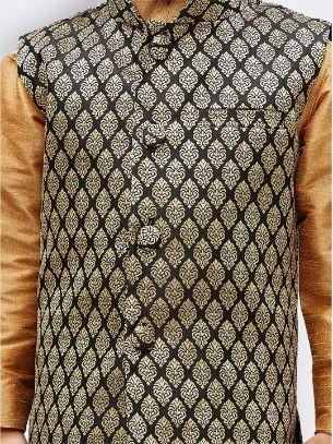 Vastramay Boys' Gold Silk Cotton Blend Kurta, Waistcoat and Pyjama Set