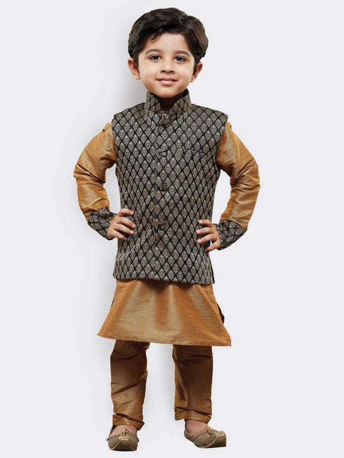 Vastramay Boy's Gold Cotton Silk Kurta Waistcoat and Pyjama Set