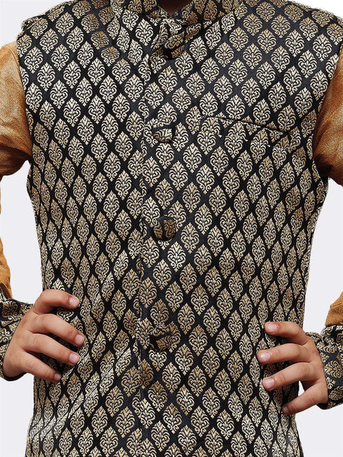 Vastramay Boy's Gold Cotton Silk Kurta Waistcoat and Pyjama Set