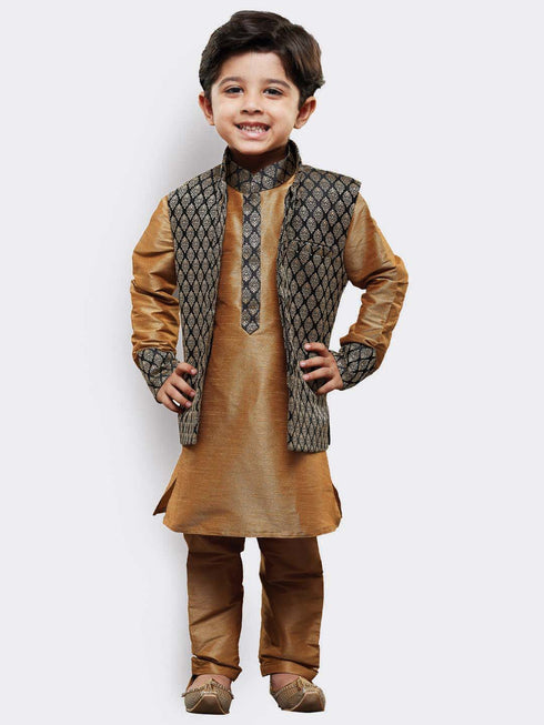 Vastramay Boy's Gold Cotton Silk Kurta Waistcoat and Pyjama Set