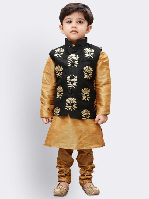 VASTRAMAY Boys' Gold Silk Cotton Blend Kurta, Waistcoat and Pyjama Set