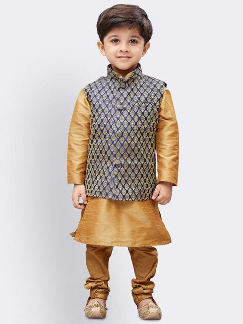 Vastramay Boys' Gold Silk Cotton Blend Kurta, Waistcoat and Pyjama Set