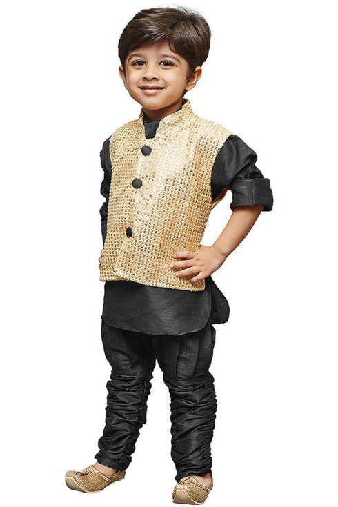 JBN CREATION Boys' Black Cotton Silk Kurta, Waistcoat and Pyjama Set