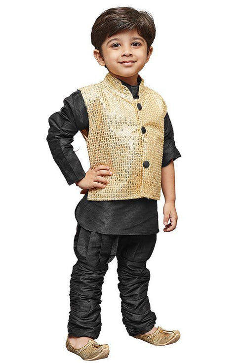 JBN CREATION Boys' Black Cotton Silk Kurta, Waistcoat and Pyjama Set