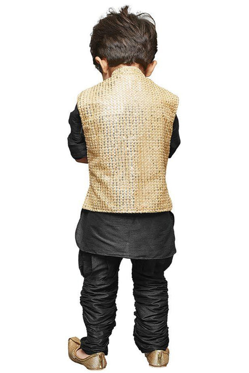 JBN CREATION Boys' Black Cotton Silk Kurta, Waistcoat and Pyjama Set