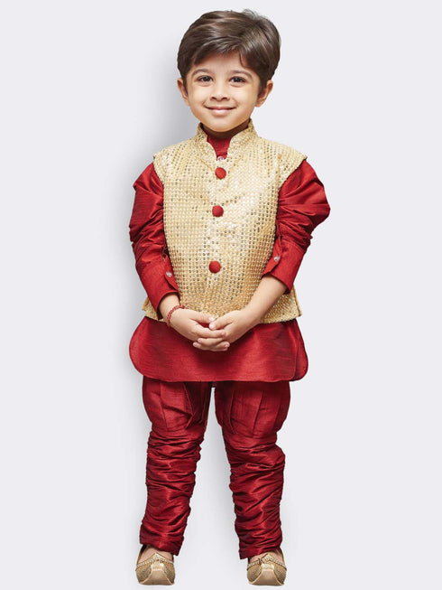 JBN CREATION Boys' Maroon Cotton Silk Kurta, Waistcoat and Pyjama Set