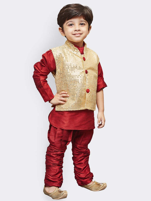 JBN CREATION Boys' Maroon Cotton Silk Kurta, Waistcoat and Pyjama Set