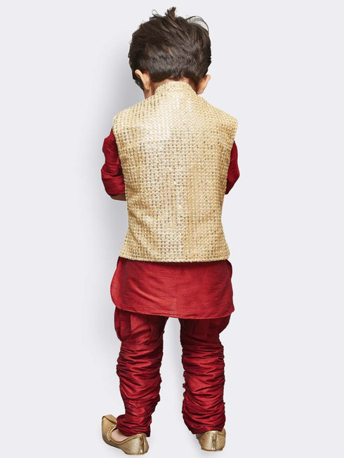 JBN CREATION Boys' Maroon Cotton Silk Kurta, Waistcoat and Pyjama Set