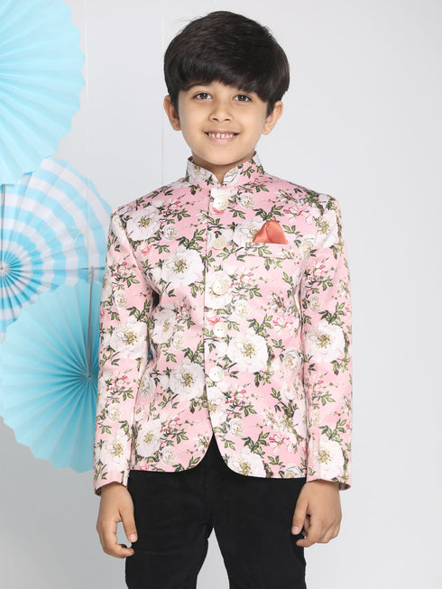 Vastramay Floral Printed Pink Bandhgala Prince Coat Jodhpuri