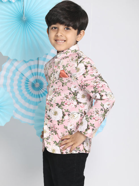Vastramay Floral Printed Pink Bandhgala Prince Coat Jodhpuri