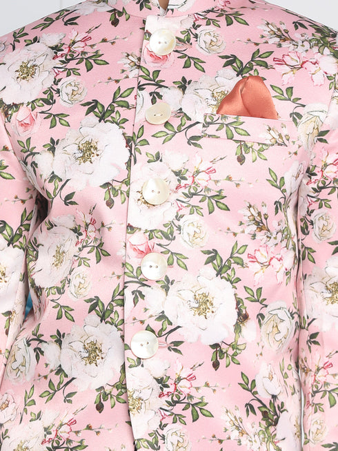 Vastramay Floral Printed Pink Bandhgala Prince Coat Jodhpuri