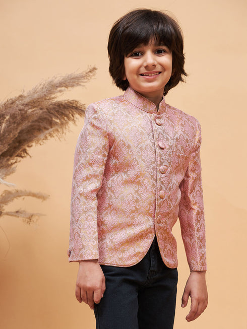 Vastramay Boy's Pink Silk Blend Woven Jodhpuri