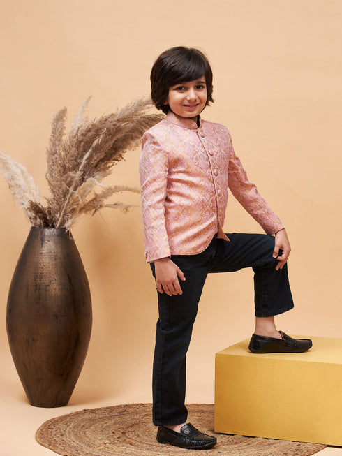 Vastramay Boy's Pink Silk Blend Woven Jodhpuri