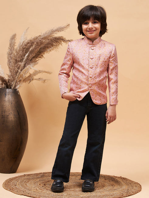 Vastramay Boy's Pink Silk Blend Woven Jodhpuri