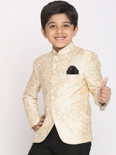Vastramay Boys Beige Embroidered Slim Fit Bandhgala Blazer