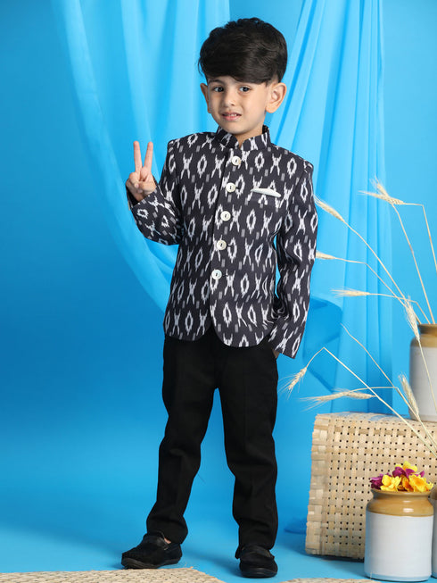Vastramay Boy's Black Ikkat Print Traditional Jodhpuri