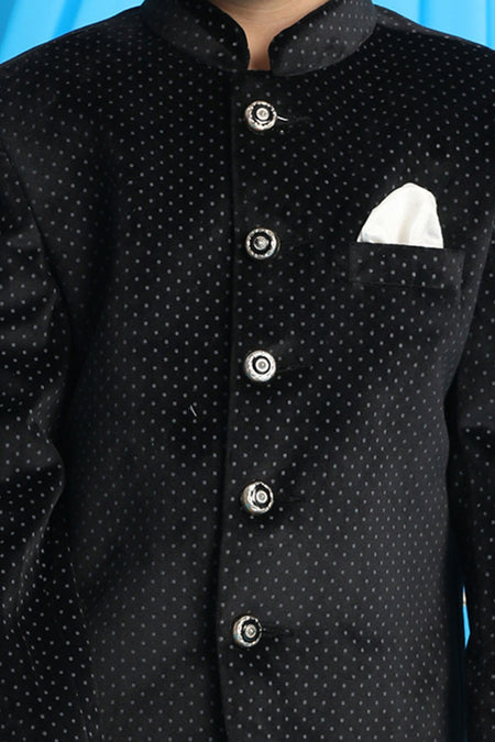 VASTRAMAY Black Polka Dot Printed Velvet Jodhpuri Baap beta Set