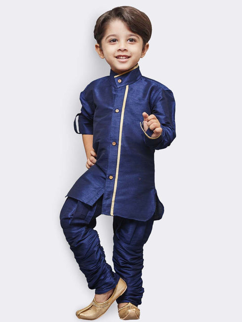 JBN CREATION Boys' Blue Cotton Silk Kurta, Waistcoat and Breedges Set
