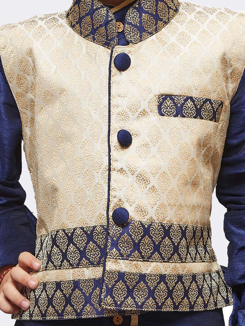 JBN CREATION Boys' Blue Cotton Silk Kurta, Waistcoat and Breedges Set