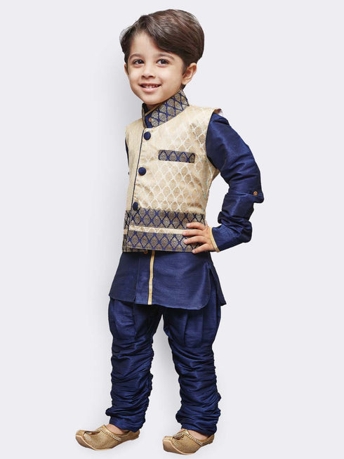 JBN CREATION Boys' Blue Cotton Silk Kurta, Waistcoat and Breedges Set
