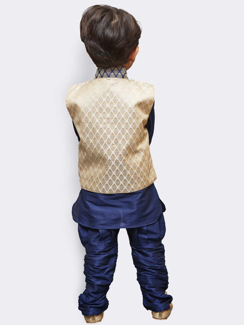 JBN CREATION Boys' Blue Cotton Silk Kurta, Waistcoat and Breedges Set