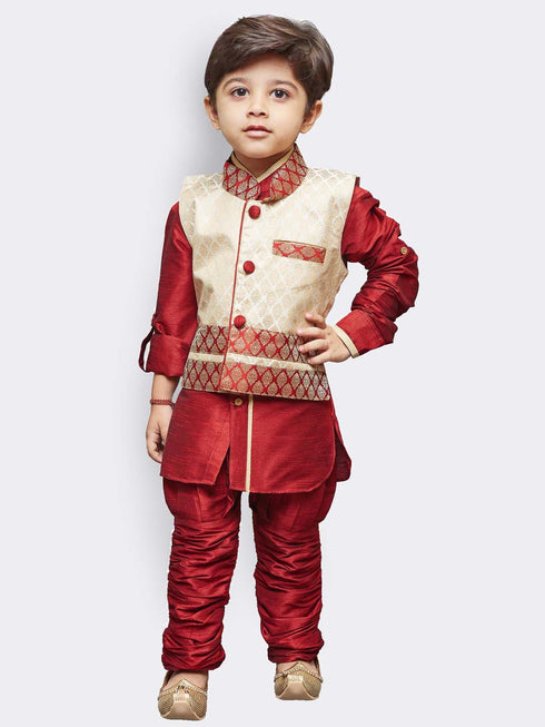 JBN CREATION Boys' Maroon Cotton Silk Kurta, Waistcoat and Breedges Set