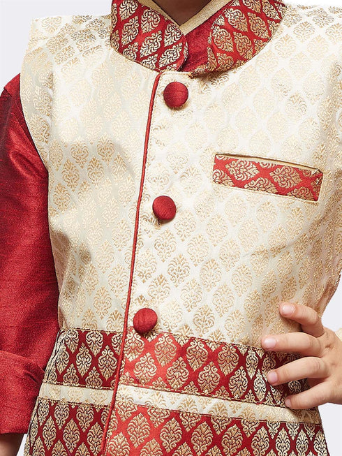 JBN CREATION Boys' Maroon Cotton Silk Kurta, Waistcoat and Breedges Set