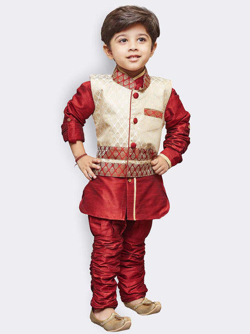 JBN CREATION Boys' Maroon Cotton Silk Kurta, Waistcoat and Breedges Set