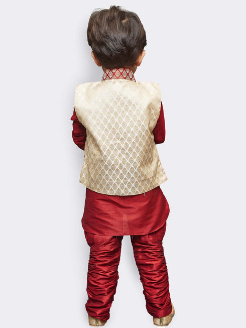 JBN CREATION Boys' Maroon Cotton Silk Kurta, Waistcoat and Breedges Set