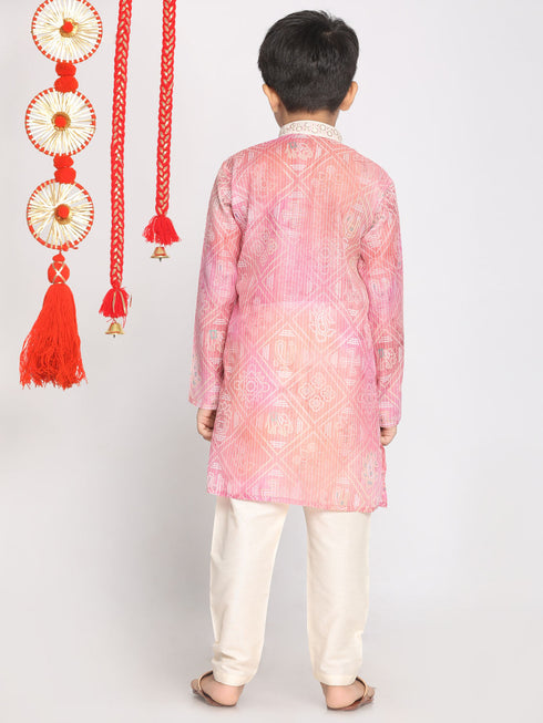 Vastramay Boys' Pink And Cream Kurta Pyjama Set