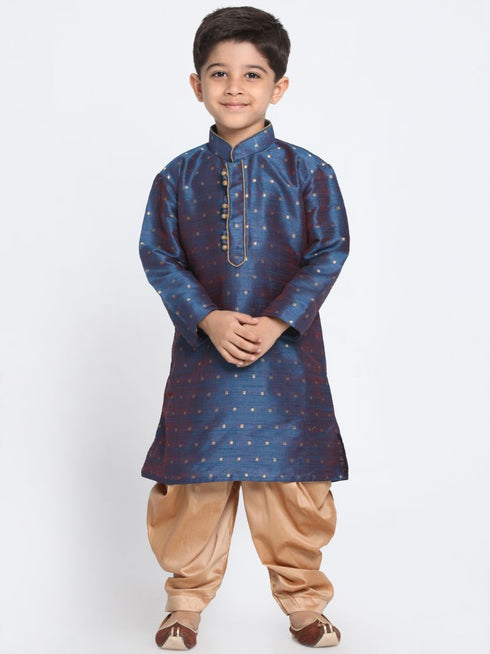 Vastramay Boys' Deep Blue Cotton Silk Blend Kurta and Rose Gold Dhoti Pant Set