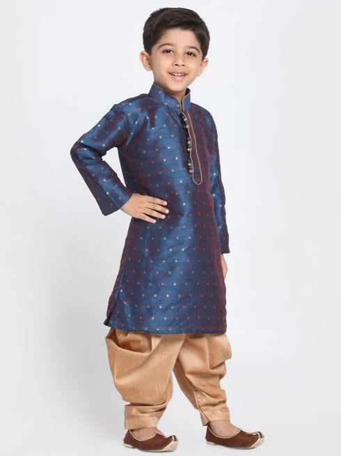 Vastramay Boys' Deep Blue Cotton Silk Blend Kurta and Rose Gold Dhoti Pant Set