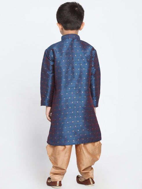 Vastramay Boys' Deep Blue Cotton Silk Blend Kurta and Rose Gold Dhoti Pant Set
