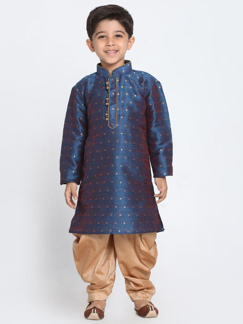 Vastramay Boys' Deep Blue Cotton Silk Blend Kurta and Rose Gold Dhoti Pant Set