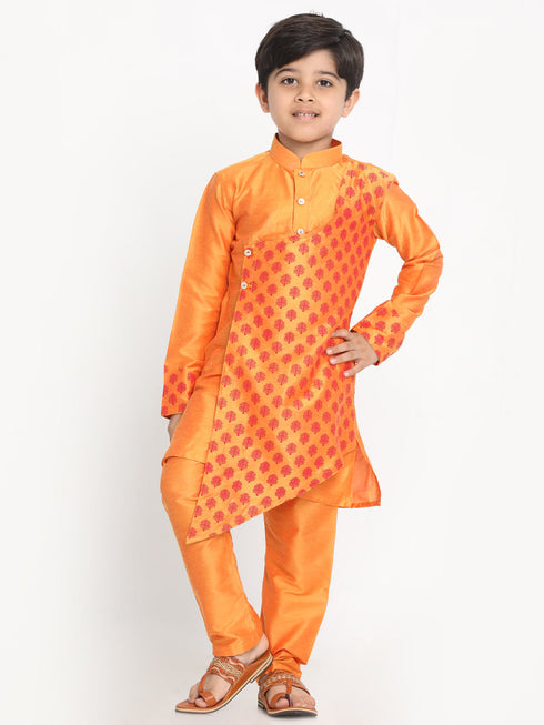 Vastramay Orange Silk Blend Ethnic Print Kurta Pyjama Sibling Set