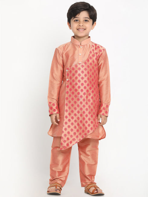 Vastramay Pink Silk Blend Ethnic Print Kurta Pyjama Sibling Set