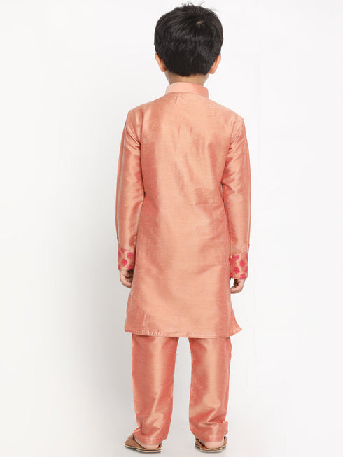 Vastramay Pink Silk Blend Ethnic Print Kurta Pyjama Sibling Set