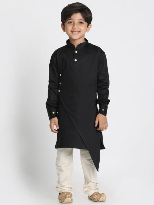 Vastramay Boys' Black Cotton Satin Blend Kurta and Pyjama Set