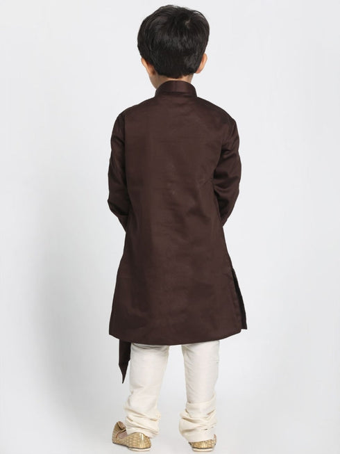 Vastramay Boys' Brown Cotton Silk Blend Kurta and Pyjama Set