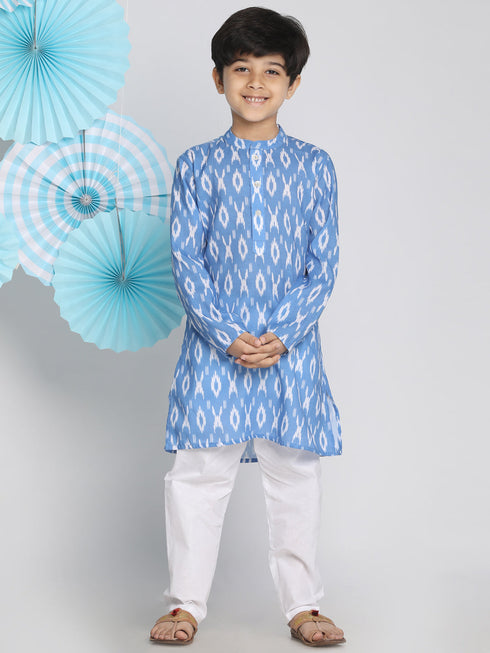 Vastramay Boys Traditional Ikkat Print Flat Collar Kurta And Pyjama Set