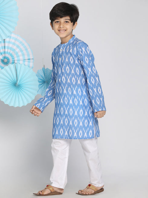 Vastramay Boys Traditional Ikkat Print Flat Collar Kurta And Pyjama Set