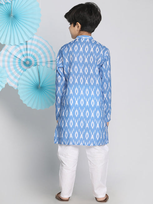 Vastramay Boys Traditional Ikkat Print Flat Collar Kurta And Pyjama Set