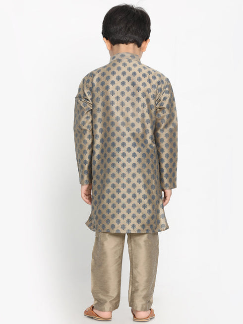 Vastramay Brown Silk Blend Ethnic Print Kurta Pyjama Sibling Set