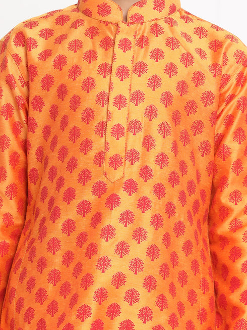 Vastramay Orange Silk Blend Ethnic Print Kurta Pyjama Sibling Set