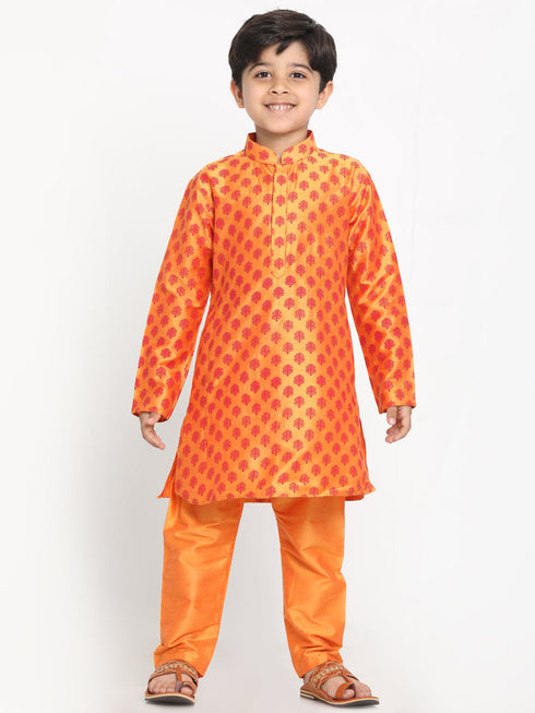 Vastramay Orange Silk Blend Ethnic Print Kurta Pyjama Sibling Set