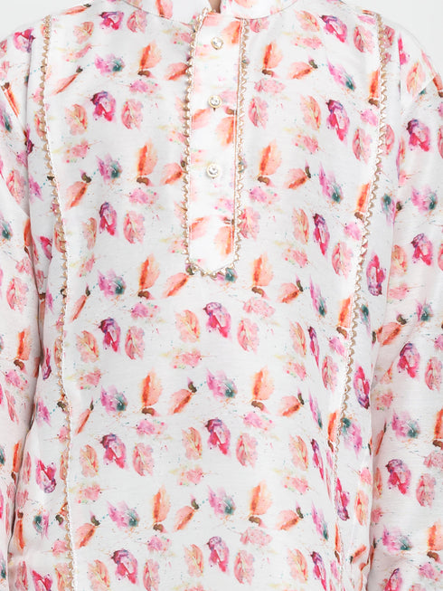 VASTRAMAY Multicolor-Base-White Floral Printed Cotton Linen Siblings Set