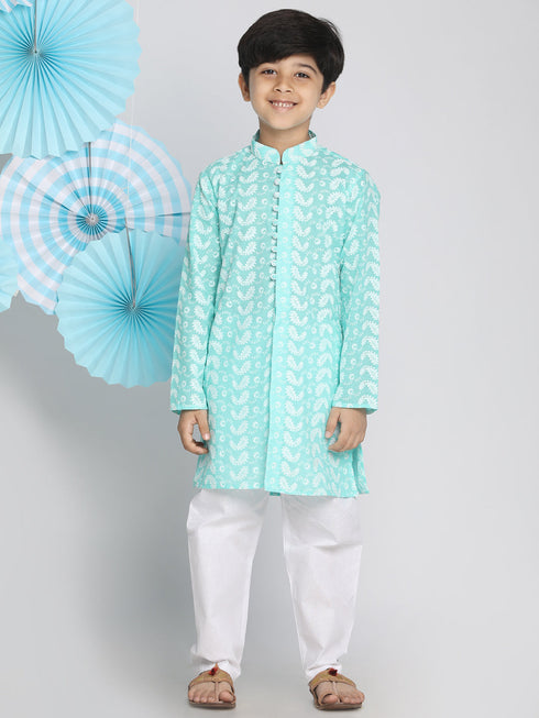 Vastramay Boy's Green Chikankari Kurta With White Pyjama Set