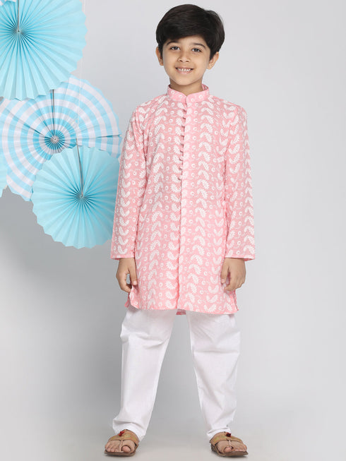Vastramay Boys Pink And White Kurta Pyjama Set