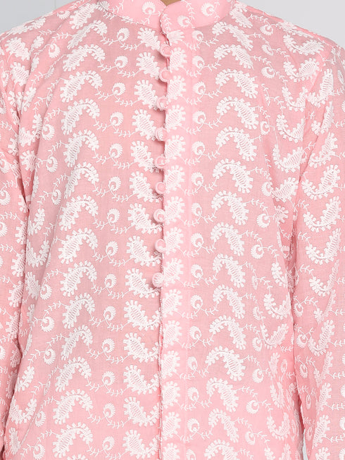 Vastramay Boys Pink And White Kurta Pyjama Set