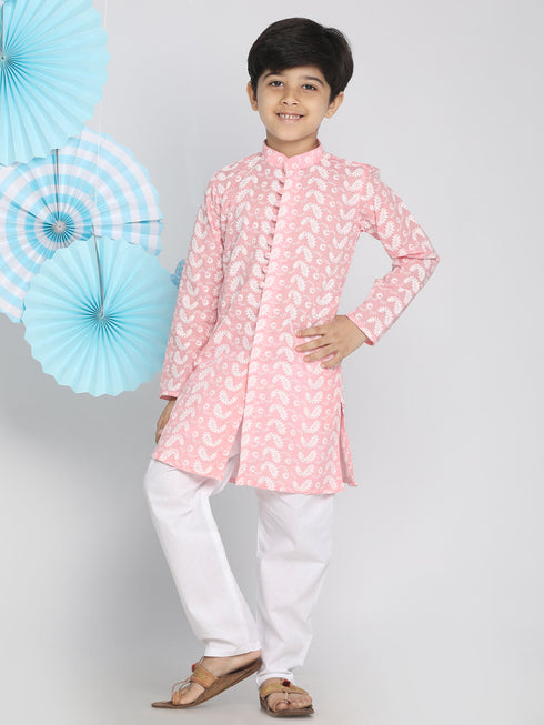 Vastramay Boys Pink And White Kurta Pyjama Set